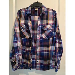 Women's sz L Duluth Trading Co Blue Purple Plaid Flannel Button Down Shirt